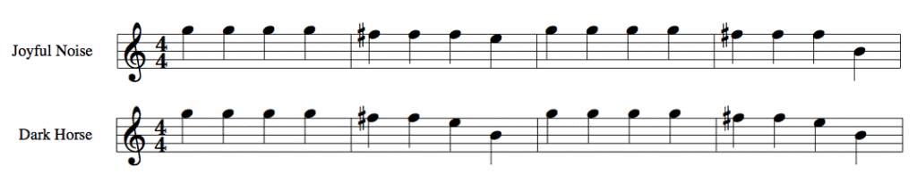 Notation of Joyful Noise by Flame and Dark Horse by Katy Perry.