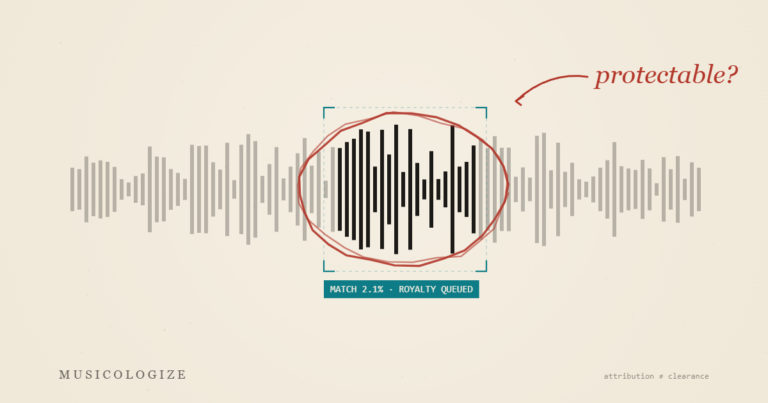 Audio waveform with a detector tag reading MATCH 2.1% ROYALTY QUEUED, and a red pen circle asking: protectable?